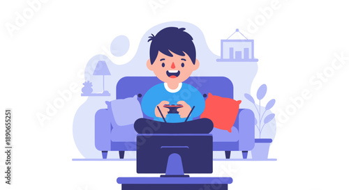 A young boy happily playing games on his laptop while sitting comfortably on a couch in a cozy living room environment.