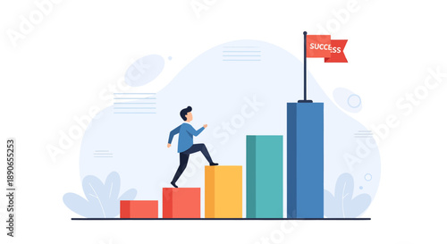 Person climbing colorful steps to success, reaching the top with a flag, symbolizing achievement and progress in a bright graphic illustration