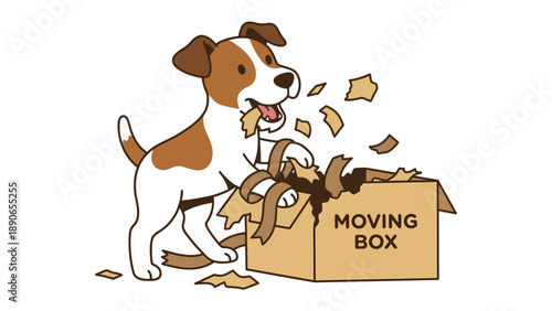 Mischievous puppy tearing apart a moving box. Cartoon illustration of a playful dog making a mess with cardboard.
