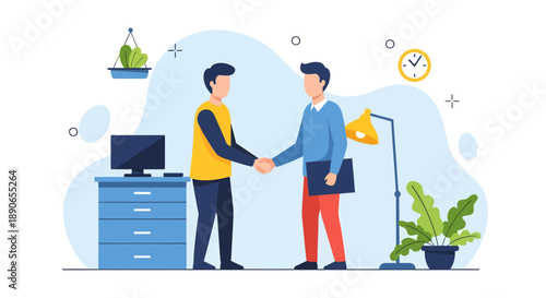 Two colleagues shaking hands in a modern office setting with a desk and plants around them viewed from the side