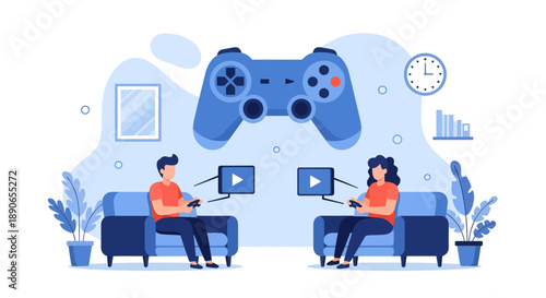 People Relaxing on Sofas Engaged with Digital Devices and Entertainment Media in a Cozy Living Room Scene from a Front Viewpoint