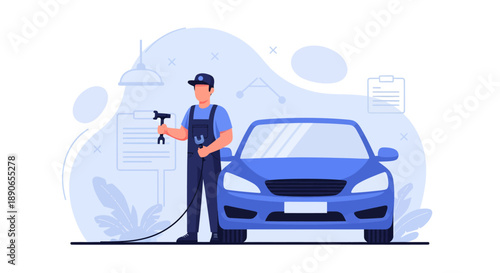 A mechanic in uniform is washing a blue car with a high-pressure hose at a car wash station.