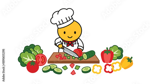 Cute cartoon chef chopping fresh vegetables for a healthy meal, preparing salad ingredients on a cutting board, cooking illustration
