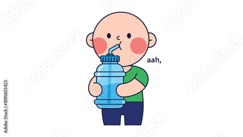 Cartoon character drinking water from a large bottle with a straw, feeling refreshed and satisfied