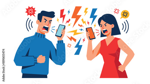 Angry Couple Arguing on Smartphones, Digital Communication Conflict
