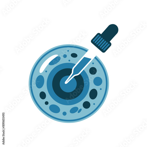 A dropper is adding a liquid to a petri dish with a blue circular design and various sized dots.