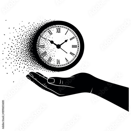 A hand releasing a clock into the air with particles dispersing from it.