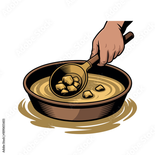 A cartoon hand scooping gold nuggets from a pan filled with water and muddy liquid.