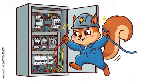 Cartoon Squirrel Electrician with Sparking Wires and Open Electrical Panel