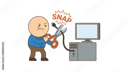 Angry cartoon man cutting computer power cord with scissors, concept of digital detox or tech frustration