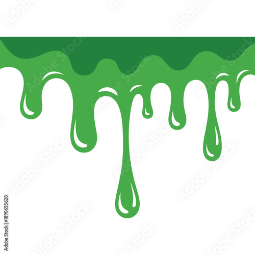 A vibrant green liquid dripping down a white background with a thick gooey texture and shiny effect