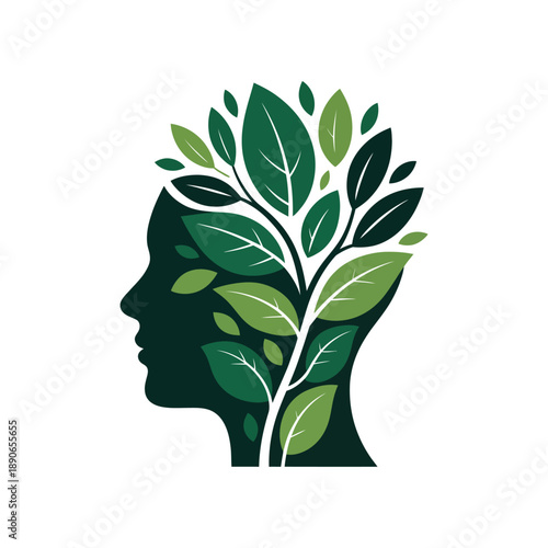 A green silhouette of a human head with leaves growing out of it, symbolizing growth and harmony with nature.