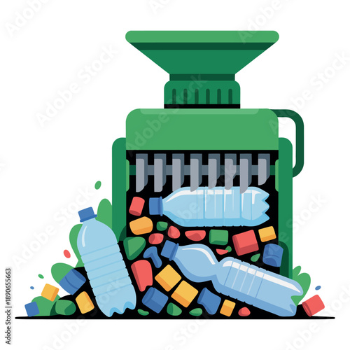 An illustration of a green recycling machine processing plastic bottles and other recyclable materials.