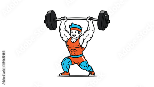 Smiling Cartoon Strongman Weightlifter Lifting Barbell Overhead. Muscular Athlete Vector Illustration.