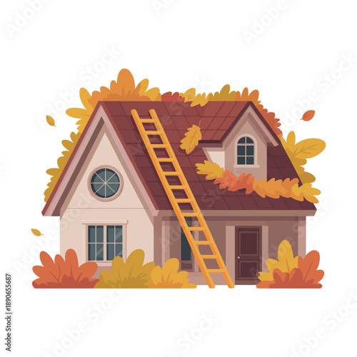 A cartoon house with a ladder and autumn leaves on the roof, surrounded by vibrant fall foliage.