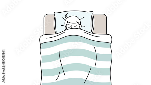 Peaceful sleep in bed. Simple illustration of a person resting comfortably under a striped blanket, top view.