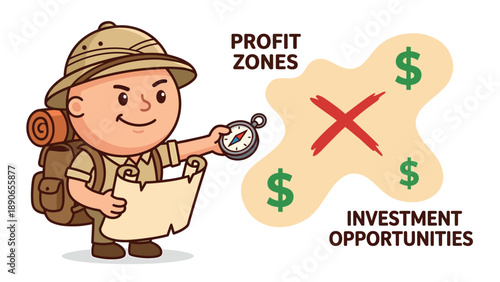 Finding Profit Zones: Cartoon Explorer with Map & Compass Locating Investment Opportunities