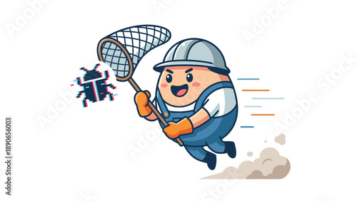 Cute cartoon character in hard hat catching a software bug with a net, debugging IT concept illustration
