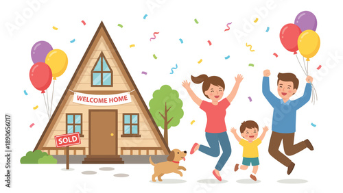 Happy family celebrating new home ownership, jumping with joy in front of a sold house with balloons and confetti. Welcome home concept.