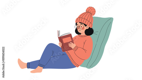Cozy young woman in beanie and glasses reading a book, leaning on a pillow. Relaxed leisure activity, flat vector illustration.