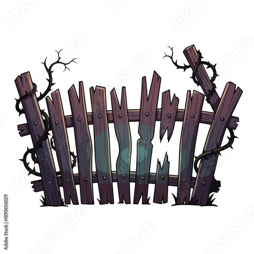 Old Wooden Fence with Thorns and Branches.