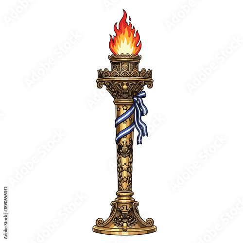 Olympic Torch with Flame and Ribbon Decoration.