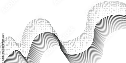 Abstract vector wavy lines flowing smooth curve black grey gradient isolated on transparent background in concept of technology, science, music, modern wave abstarct