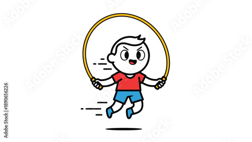Happy cartoon boy skipping rope, active kid playing and exercising with jump rope, healthy childhood illustration