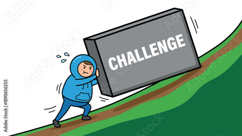 Man pushing a heavy 'CHALLENGE' block up a steep hill, symbolizing perseverance and overcoming adversity