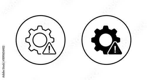 System error icon in circular outline. Gear with exclamation mark symbol. Technical warning sign