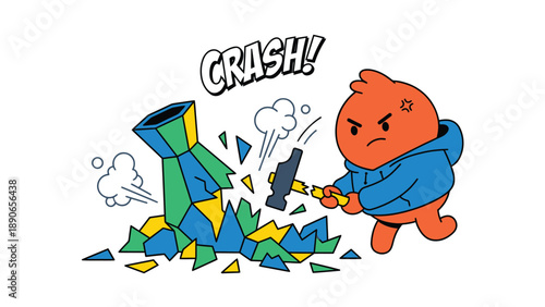 Angry cartoon character smashing a colorful geometric structure with a hammer, symbolizing frustration and destruction.