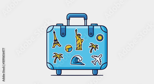Blue suitcase ready for world travel illustration
