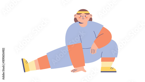 Body positive woman stretching. Flat vector illustration of a person doing a lunge exercise, promoting health and fitness.