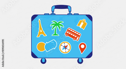 Blue suitcase covered with colorful travel stickers