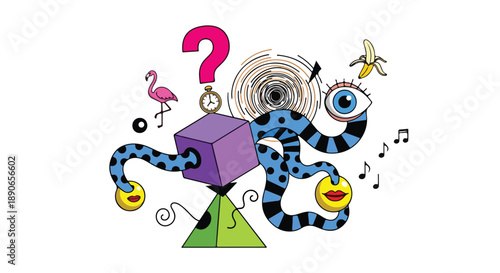 Purple Cube Surrounded by Cartoon Tubes and Symbols.