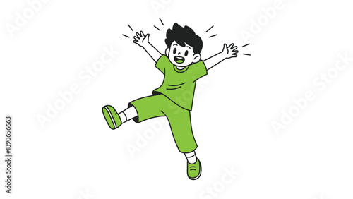 Joyful cartoon boy jumping with excitement, hands raised. Happy child celebrating success and energy. Simple vector illustration.