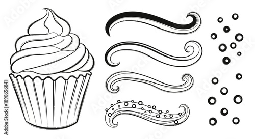 Hand drawn sketch of a cupcake with decorative swirls and dots.