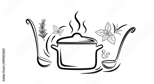 Hand drawn sketch of a steaming cooking pot with ladles and herbs.