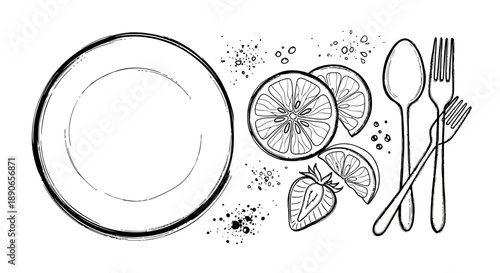 Hand drawn sketch of a dinner plate with cutlery and fruit slices.