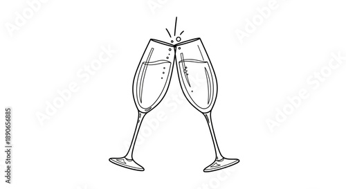 Hand drawn sketch of two champagne glasses clinking together.