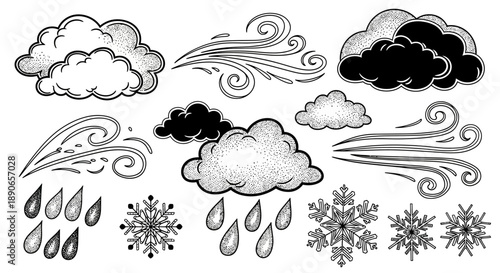Hand drawn weather icons set in a vintage sketch style.