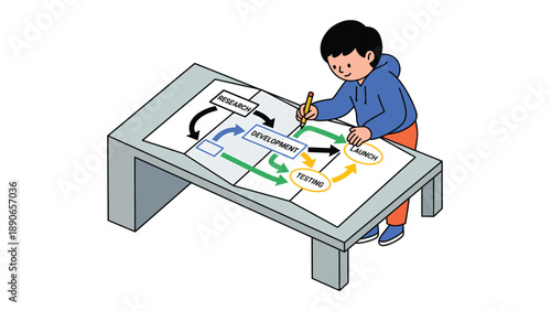Child drawing project workflow diagram: planning, development, testing, launching. Agile methodology concept illustration.