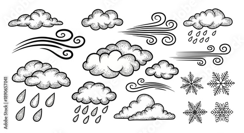 Hand drawn weather elements set with clouds, rain, wind, and snowflakes.