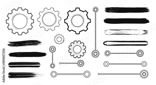 Hand-drawn collection of gears, brush strokes, and connection elements.