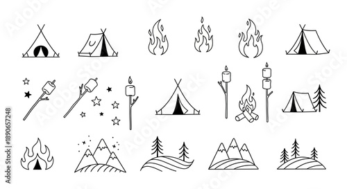 Hand-drawn doodle set of camping and outdoor adventure elements.