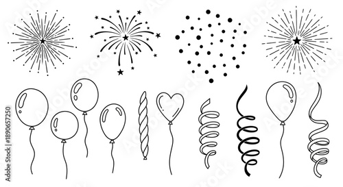 Hand-drawn doodle set of festive party elements including fireworks, balloons, and streamers.