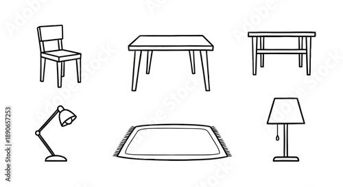 Hand-drawn doodle set of various home furniture items.