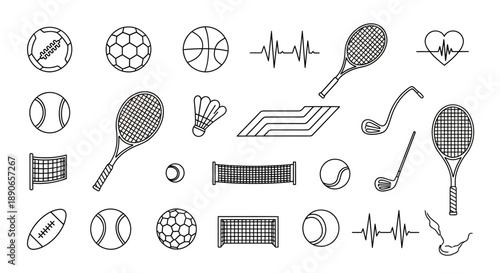 Hand-drawn Doodle Set of Sports Equipment and Heartbeat Icons.