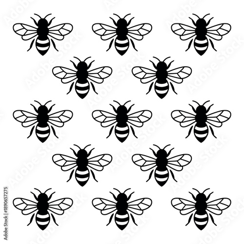 A group of black and white bee illustrations on a plain white background