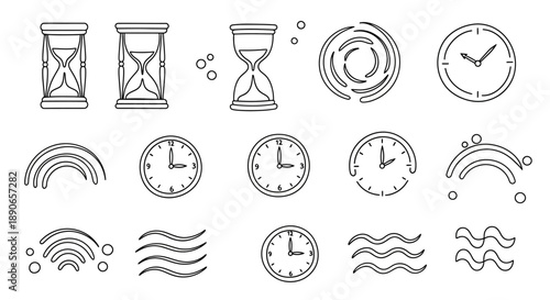 Hand-drawn doodle set of various time-related icons and symbols.